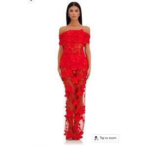 ALAMOUR THE LABEL Florentina Red Floral Off Shoulder Sheer Gown Dress Size S